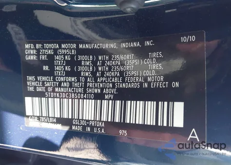 2011 Toyota Sienna Xle V6 z USA, uszkodzony, nr VIN 5TDYK3DC3BS084110